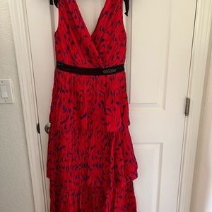 Red Printed Crepe De Chine Tiered Midi Dress